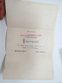 Bjudes ödmjukast att öfvervara undertecknades Wigningsakt i Åbo lördagen den 27 september 1884 i gården nr 41 vid Slottsgatan. Alexandra Hasán, Johan Eskolin