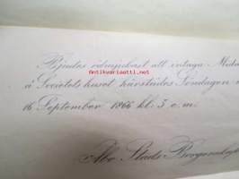 Bjudes ödmjukast att intaga Middag å Societets huset härstädes Söndagen den 16. September 1866 kl. 5 e.m. Åbo Stads Borgerskap -kutsu päivällistilaisuuteen