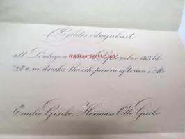 Bjudes ödmjukast att Lördagen den 23 September 1865 kl. 1/2 8 e.m. dricka the och pasera aftonen i Åbo. Emilie Gisiko. Herman Otto Gisiko -kutsu illanviettoon