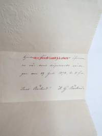 Bjudes förbindligast att öfvervara vår sons döpelseakt söndagen den 19 Juli 1874, kl. 11 f.m. Ines Bärlund. K.G. Bärlund -kutsu kastetilaisuuteen