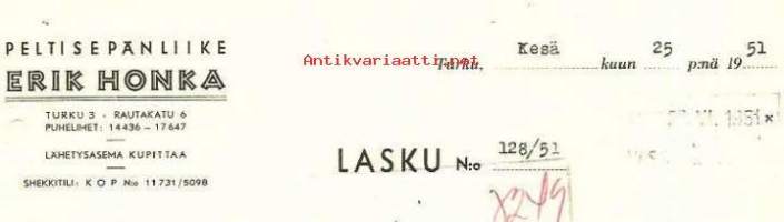 Erik Honka Peltisepänliike, Turku  1951 - firmalomake