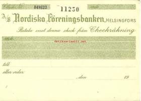 Nordiska Föreningsbanken Ab, Helsingfors   , blanco shekki  -Pankki toimi nimellä Pohjoismaiden Yhdyspankki (PYP) vuosina 1919&amp;#8722;1975, Nordiska