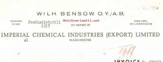 Wilh. Bensow Oy Imperial Chemical Industries Ltd   lasku 1951  - firmalomake