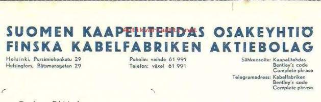 Suomen Kaapelitehdas Oy   lasku 1949  - firmalomake