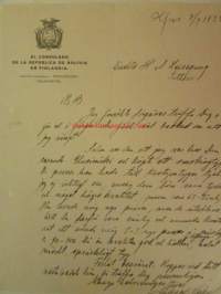 El Consulado de la rebulica de Bolivia en Finlandia, Helsinfors 3.9. 1925 - asiakirja