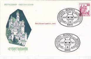 FDC Saksa Burgen Und Schlösser - Schloss Neuswanstein, 17.05.1977. 50 Pf.  Linnat ja linnoitukset -käyttömerkkisarjaa.