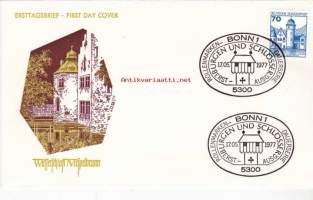 FDC Saksa Burgen Und Schlösser - Wasserschloss Mespelbrunn, 17.05.1977. 70 Pf.  Linnat ja linnoitukset -käyttömerkkisarjaa.