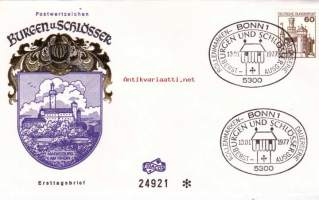 FDC Saksa Burgen Und Schlösser - Marksburg am Rhein, 13.01.1977. 60 Pf.  Linnat ja linnoitukset -käyttömerkkisarjaa.