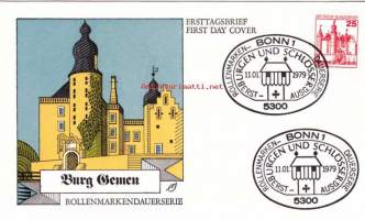FDC Saksa Burgen Und Schlösser - Burg Gemen, 11.01.1979. 25 Pf.  Linnat ja linnoitukset -käyttömerkkisarjaa. Rullanauhamerkki