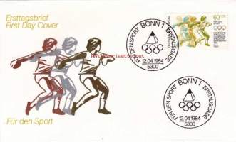 FDC Saksa - Für den Sport, 12.04.1984.  Urheilun hyväksi. 60 + 30 Pf.  Naisten kiekonheitto.  Olympialaiset 1984.