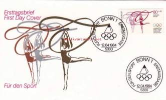 FDC Saksa - Für den Sport, 12.04.1984.  Urheilun hyväksi. 80 + 40 Pf.  Naisten välinevoimistelu/rytminen kilpavoimistelu.  Olympialaiset 1984.