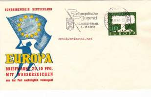 Erikoisleima - Europäische Jugend Saksa - Europa Briefmarke zu 10 Pfg mit Wasserzeichen von der Post nachträglich verausgabt, 10.08.1958.  10 Pf.  ILMEISESTI