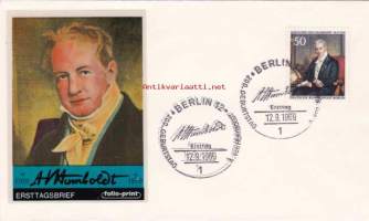 FDC Saksa - Alexander von Humboldt, 12.09.1969. Kuoressa hieno folio-painate!! 50 Pf. Bundespost Berlin.