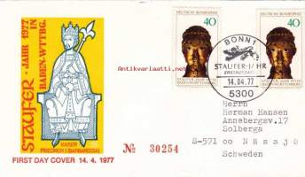 FDC Saksa - Staufer -(keisarisuku, Friedrich I) -Jahr 1977 in Baden-Württenberg, 14.04.1977.40 + 40 Pf.  Kulkenut Ruotsiin, avattu kuori.