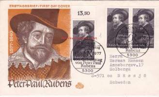 FDC Saksa - taidemaalari Peter Paul Rubens 1577-1640, 17.05.1977.  Kulkenut Ruotsiin, avattu yläreunasta. 3 x 30 Pf.