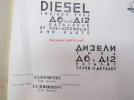 Diseli D6, D12 Diesel Engines -Neuvostoliittolaisten laivadieselmoottorien varaosaluettelo räjäytyskuvineen