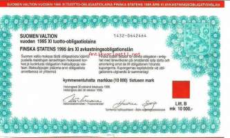 Suomen valtion vuoden 1995 XI  tuotto-obligaatiolaina Litt B 10 000 mk Iiro Viinanen Valtiovarainministeri 30.10.1995