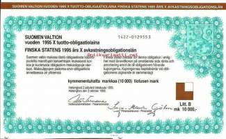 Suomen valtion vuoden 1995 X  tuotto-obligaatiolaina Litt B 10 000 mk Iiro Viinanen Valtiovarainministeri 2.10.1995