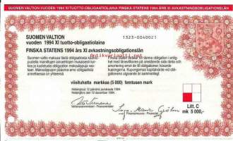 Suomen valtion vuoden 1994 XI  tuotto-obligaatiolaina Litt C 5 000 mk Iiro Viinanen Valtiovarainministeri 12.12.1994