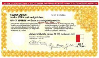 Suomen valtion vuoden 1994 IV  tuotto-obligaatiolaina Litt A 50 000 mk Iiro Viinanen Valtiovarainministeri  2.5.1994