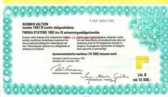 Suomen valtion vuoden 1992 IX  tuotto-obligaatiolaina Litt B 10 000 mk Iiro Viinanen Valtiovarainministeri  2.11.1992