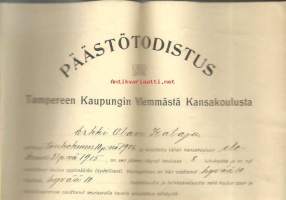 Tampereen Kaupungin  ylemmästä  kansakoulusta 1919 päästötodistus - todistus