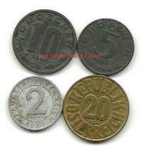 Itävalta 2 groschen 1952, 5 groschen 1953, 10 groschen 1948 ja 20 groschen 1954 - ulkomainen kolikko