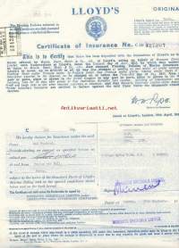 Lloyd`s Certificate of Insurance 1958  - vakuutuskirja