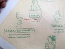 Noskapekt / Neofer / Demykon / Presto / Avalax / Angitol / Neoval / Valrian / Influsal / Kalkki-AD-Vitamin -apteekkikäärepaperi