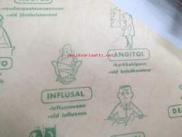 Noskapekt / Neofer / Demykon / Presto / Avalax / Angitol / Neoval / Valrian / Influsal / Kalkki-AD-Vitamin -apteekkikäärepaperi
