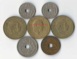 Tanska 1 kr 1944,1947,1948  ja 25 öre 1934 ja 10 öre 1925,1929 ja 2 öre 1939 yht yht 7 kpl kolikko