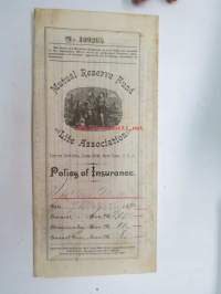 Mutual Reserve Fund Life Association (New York USA) Policy of Insurance - Matts  Sjöblom, 9.5.1892, Lappo (Lappohja), 2 000 Smk -henkivakuutusasiakirja, Suomessa