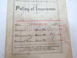 Mutual Reserve Fund Life Association (New York USA) Policy of Insurance - Matts  Sjöblom, 9.5.1892, Lappo (Lappohja), 2 000 Smk -henkivakuutusasiakirja, Suomessa