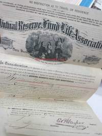 Mutual Reserve Fund Life Association (New York USA) Policy of Insurance - Matts  Sjöblom, 9.5.1892, Lappo (Lappohja), 2 000 Smk -henkivakuutusasiakirja, Suomessa