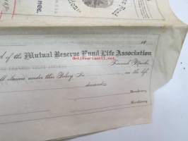 Mutual Reserve Fund Life Association (New York USA) Policy of Insurance - Matts  Sjöblom, 9.5.1892, Lappo (Lappohja), 2 000 Smk -henkivakuutusasiakirja, Suomessa