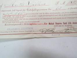 Mutual Reserve Fund Life Association (New York USA) Policy of Insurance - Matts  Sjöblom, 9.5.1892, Lappo (Lappohja), 2 000 Smk -henkivakuutusasiakirja, Suomessa