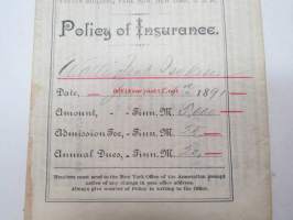 Mutual Reserve Fund Life Association (New York USA) Policy of Insurance - Isak Isaksson Walli, 26.6.1891, Lappo (Lappohja), 5 000 Smk -henkivakuutusasiakirja,