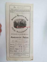 Mutual Reserve Fund Life Association (New York USA) Policy of Insurance - Matts Sjöblom, 9.5.1892, Lappo (Lappohja), 2 000 Smk -henkivakuutusasiakirja, Suomessa