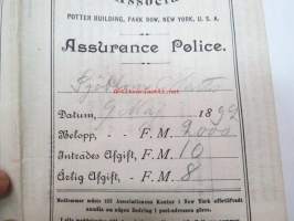 Mutual Reserve Fund Life Association (New York USA) Policy of Insurance - Matts Sjöblom, 9.5.1892, Lappo (Lappohja), 2 000 Smk -henkivakuutusasiakirja, Suomessa