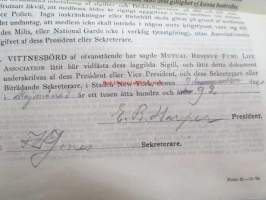 Mutual Reserve Fund Life Association (New York USA) Policy of Insurance - Matts Sjöblom, 9.5.1892, Lappo (Lappohja), 2 000 Smk -henkivakuutusasiakirja, Suomessa