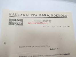 Rautakauppa HAKA, Kokkola, 28.9.1943 -asiakirja