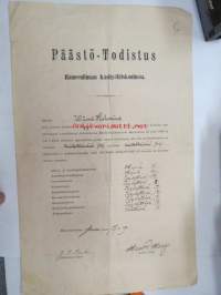 Päästö-Todistus Hämeenlinnan Käsityöläiskoulusta. Wäinö Helenius, 17.5.1901