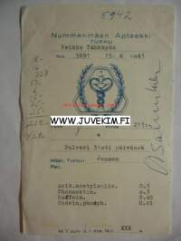 Nummenmäen Apteekki Turku 1961 -signatuuri