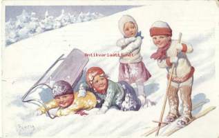Talven riemuja    - lapsipostikortti kulkenut 1912 Suomessa
