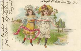 Kukkaistytöt    - lapsipostikortti kohopainokortti  kulkenut 1903