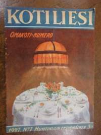 Kotiliesi 1927 / 7 Huhtikuu.Omakoti-numero.Kansik,Vieraita odotetaan.Carolu Lindberg;Maalainen rakennustyylioikeuksiinsa.Ryijysohva,Hanna-Liisa