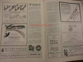 Kotiliesi 1927 / 7 Huhtikuu.Omakoti-numero.Kansik,Vieraita odotetaan.Carolu Lindberg;Maalainen rakennustyylioikeuksiinsa.Ryijysohva,Hanna-Liisa