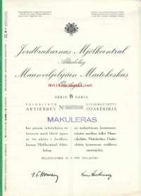 Jordbrukarnas Mjölkcentral Ab -  Maanviljelijäin Maitokeskus Oy, Helsinki -osakekirja 16.4.1951