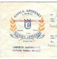 Vanha  Apteekki  Porvoo - resepti signatuuri  reseptipussi 1965