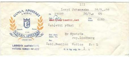 Vanha  Apteekki  Porvoo - resepti signatuuri  reseptipussi 1965
